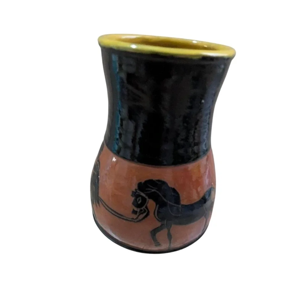 Vintage 1974 Studio Pottery Vase Black Horse Yellow Rim Signed Benham? 7